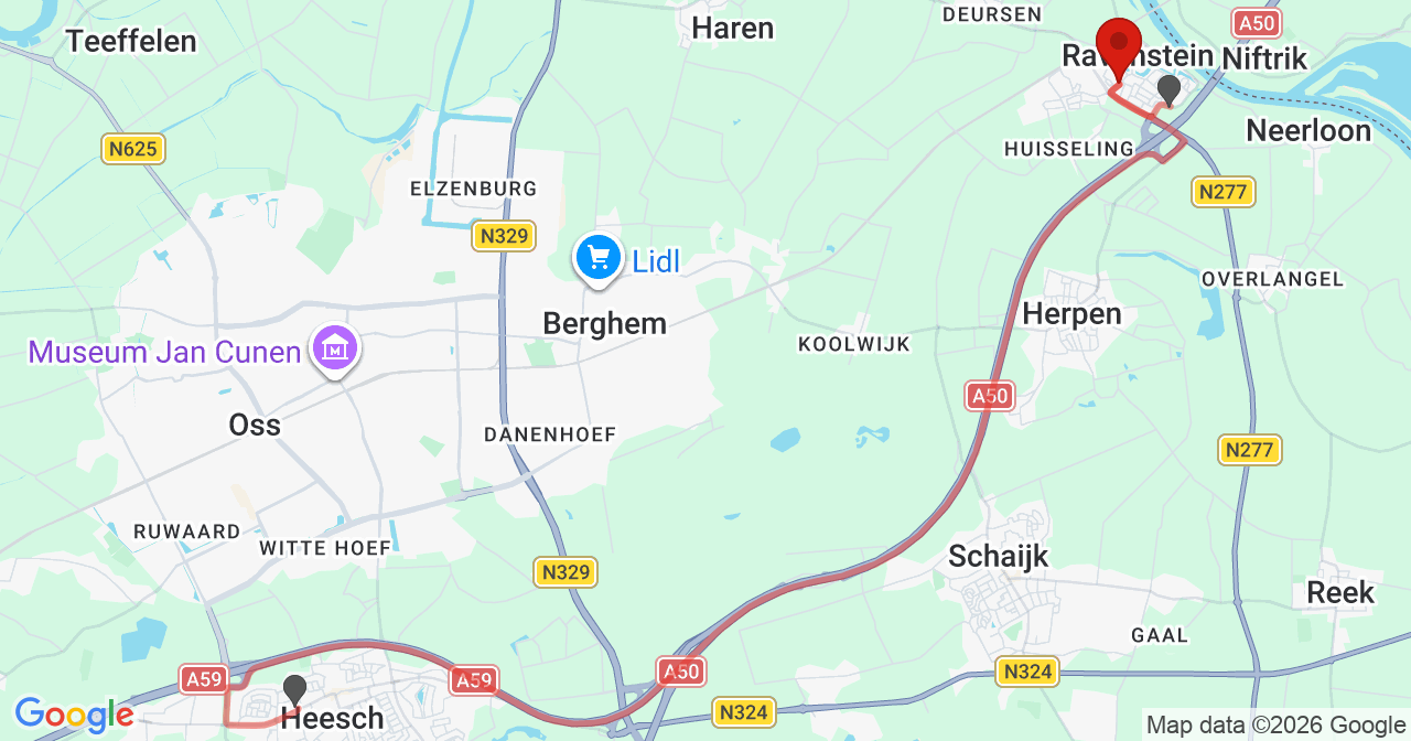 Kaart van het incident in Ravenstein met berekende routes vanaf gealarmeerde posten