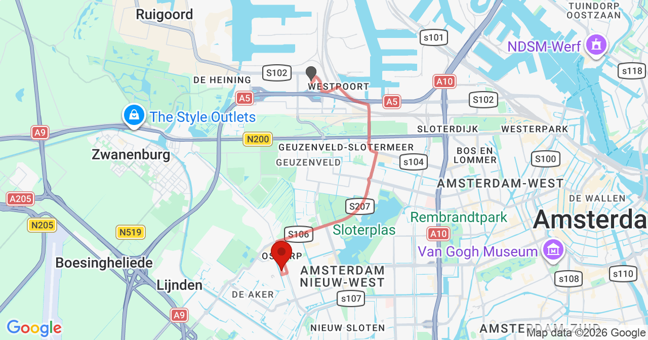 Kaart van het incident in Amsterdam met berekende routes vanaf gealarmeerde posten