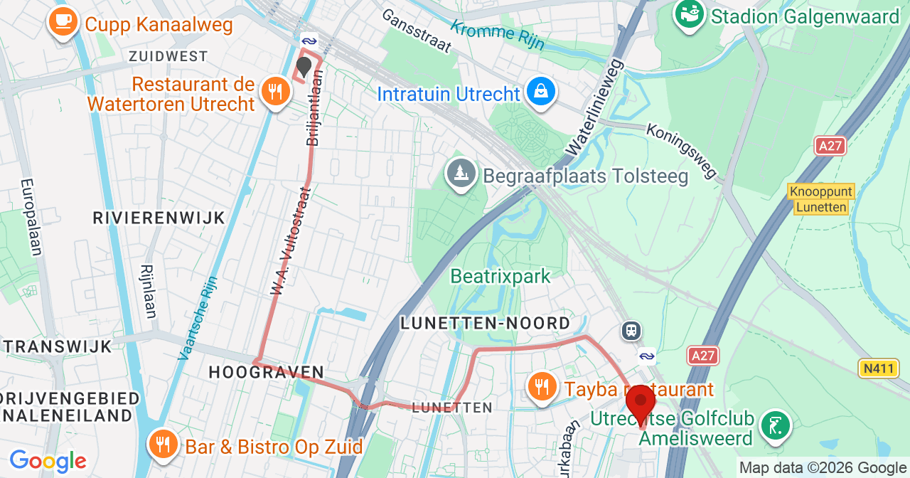 Kaart van het incident in Utrecht met berekende routes vanaf gealarmeerde posten