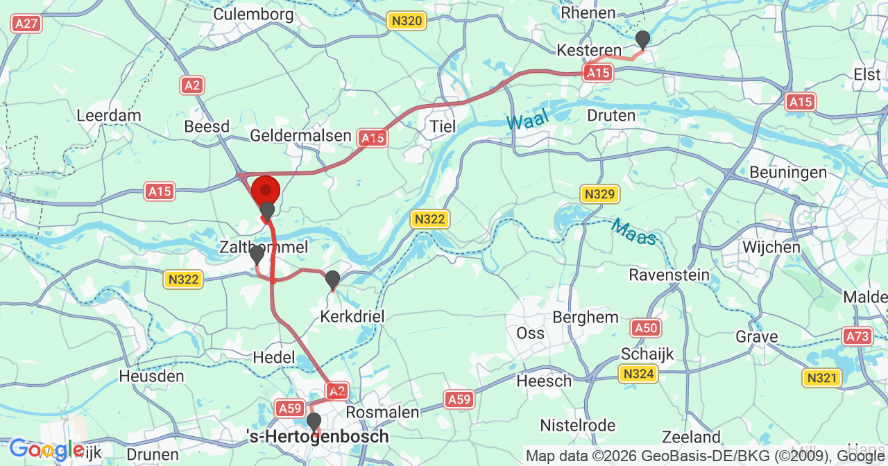 Kaart van het incident in Waardenburg met berekende routes vanaf gealarmeerde posten