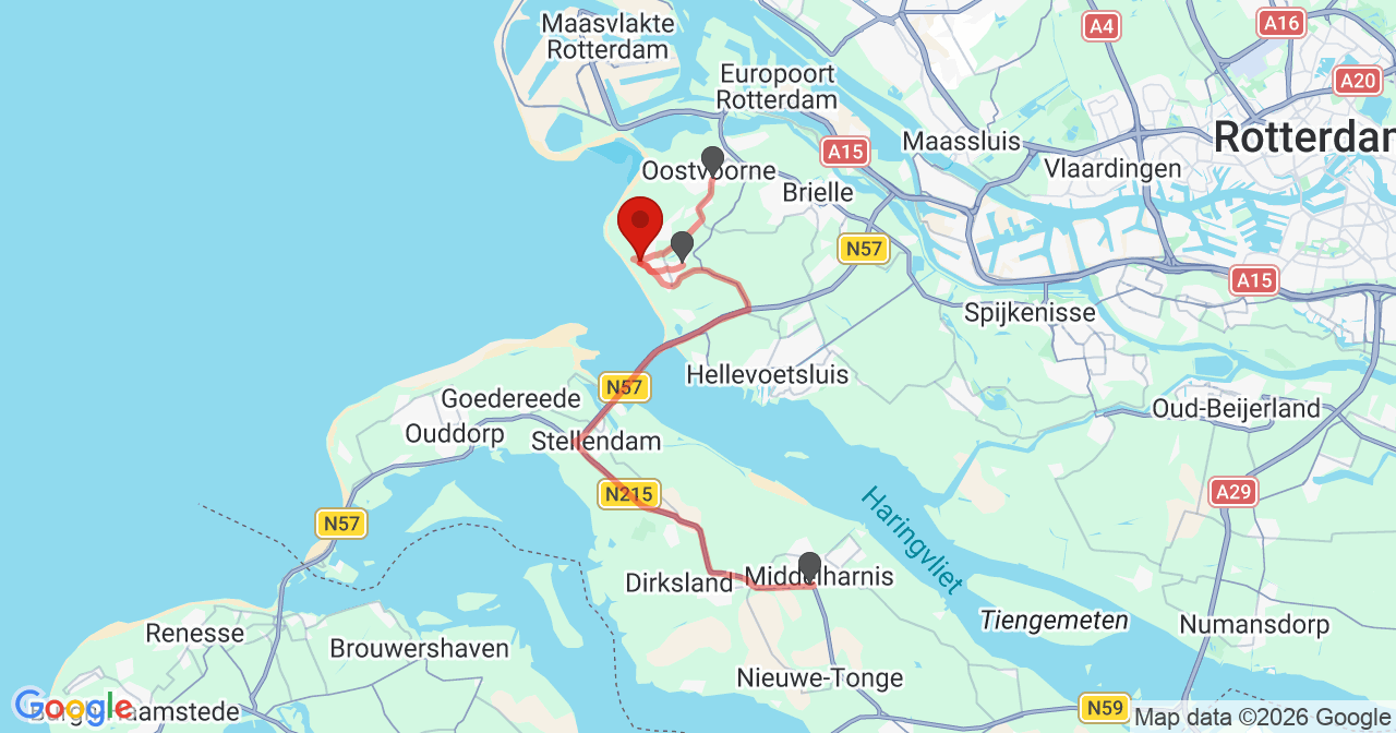 Kaart van het incident in Rockanje met de aanrijroutes van de gealarmeerde eenheden