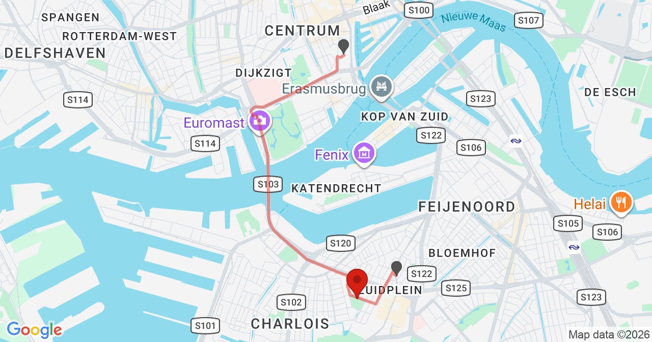 Kaart van het incident in Rotterdam met berekende routes vanaf gealarmeerde posten