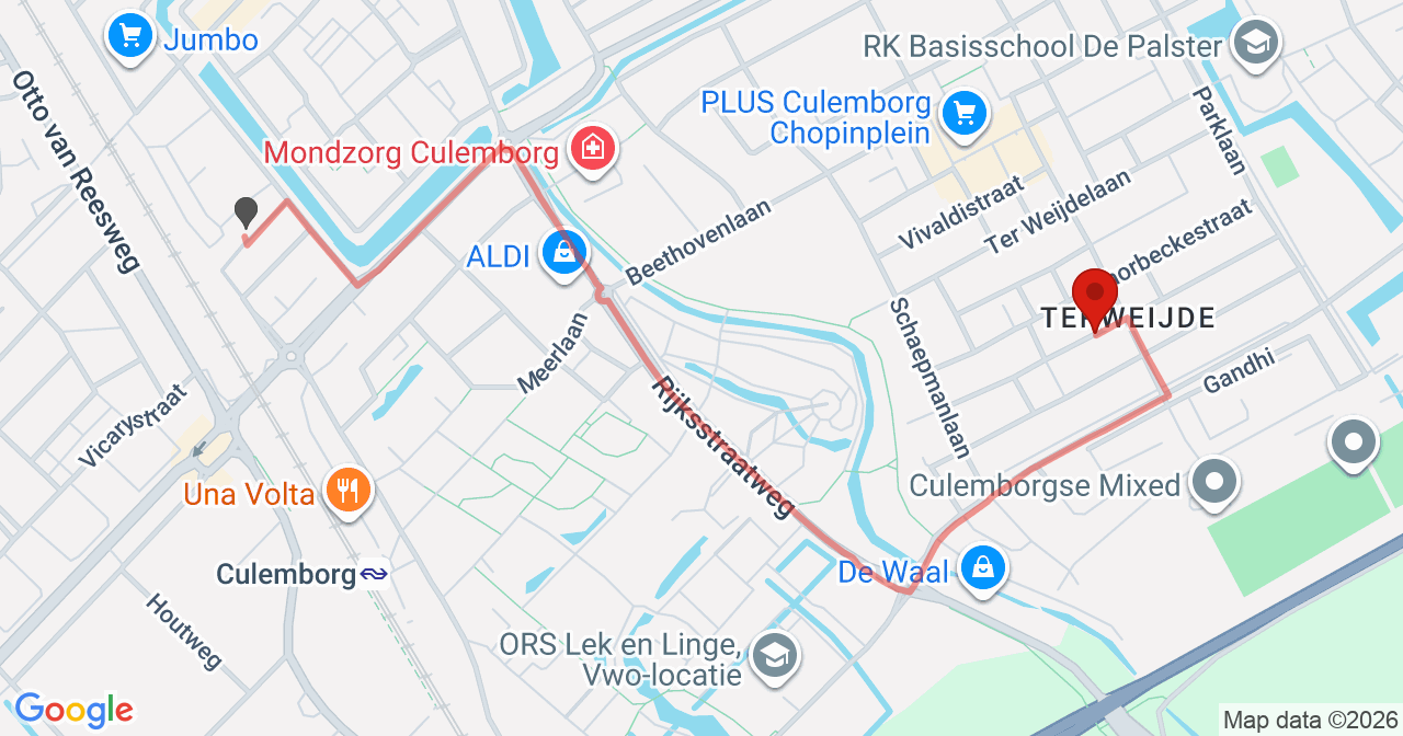 Kaart van het incident in Culemborg met berekende routes vanaf gealarmeerde posten