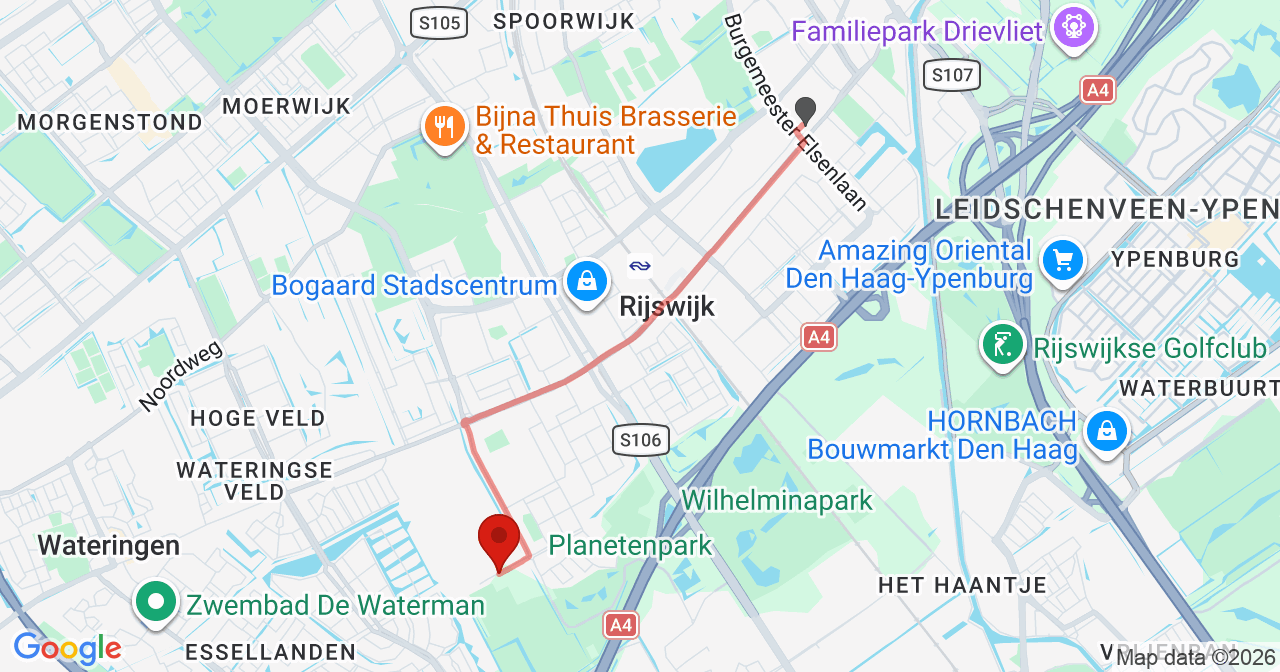 Kaart van het incident in Rijswijk met berekende routes vanaf gealarmeerde posten