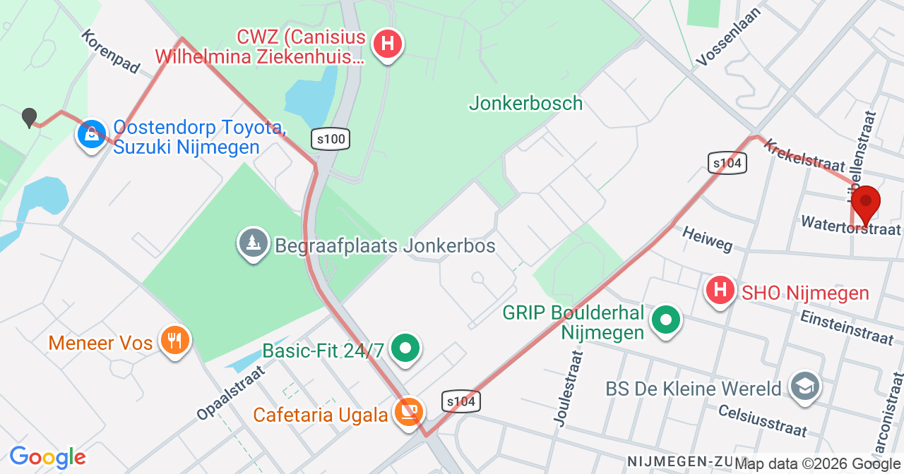 Kaart van het incident in Nijmegen met berekende routes vanaf gealarmeerde posten