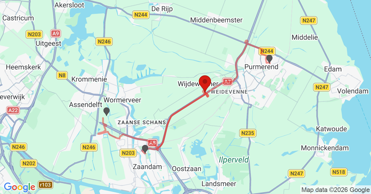Kaart van het incident in Wijdewormer met de aanrijroutes van de gealarmeerde eenheden