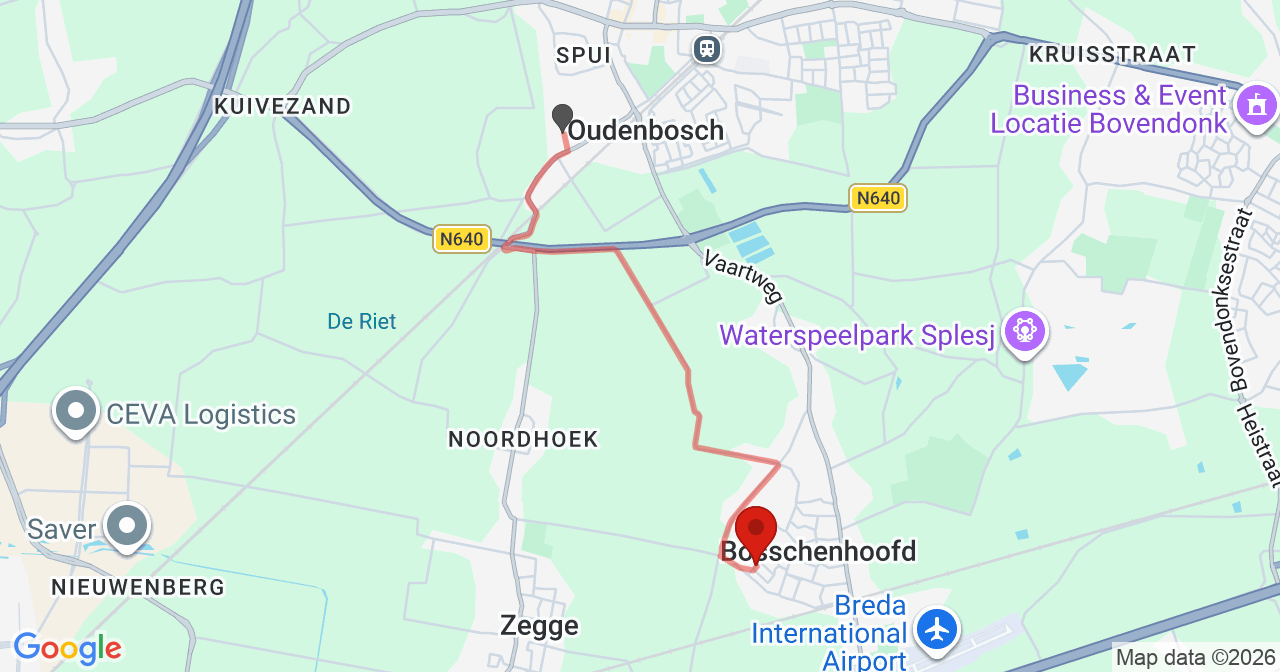 Kaart van het incident in Bosschenhoofd met de aanrijroutes van de gealarmeerde eenheden