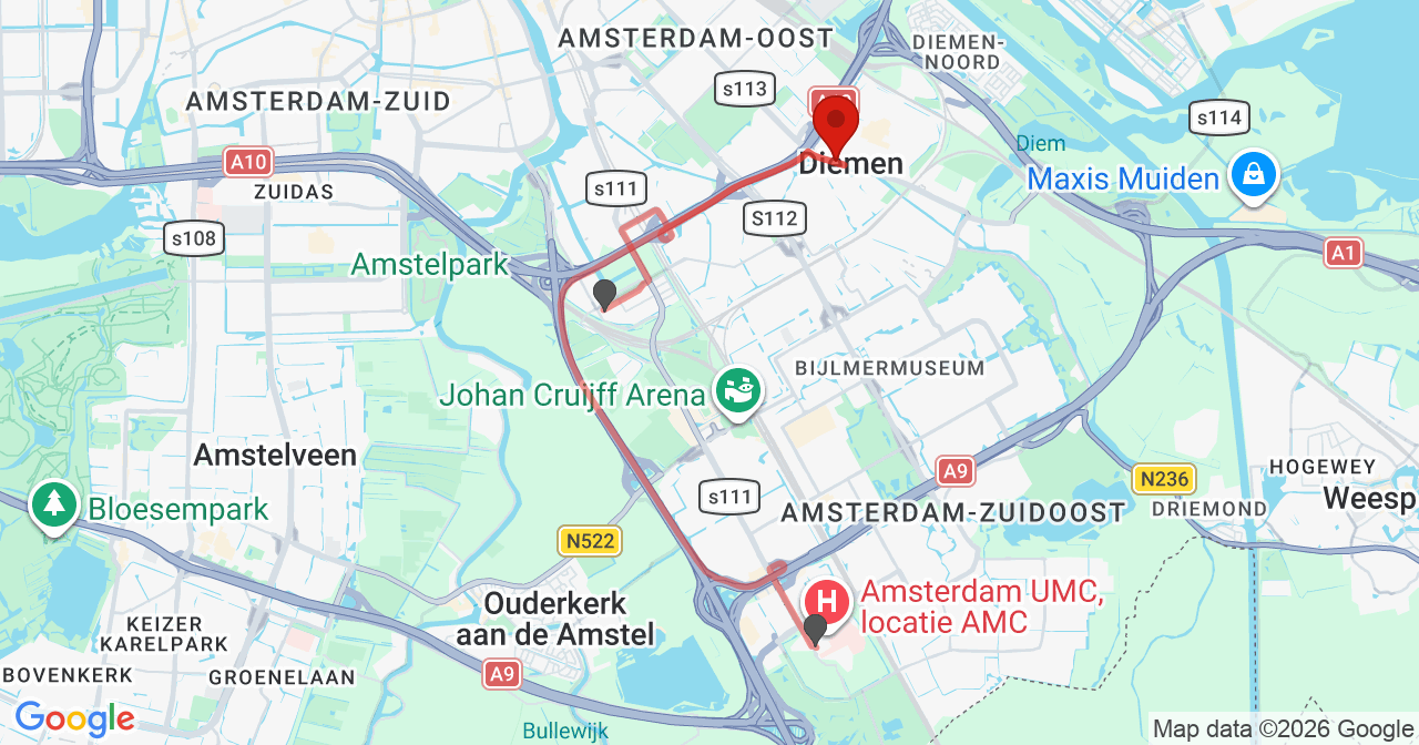 Kaart van het incident in Diemen met de aanrijroutes van de gealarmeerde eenheden