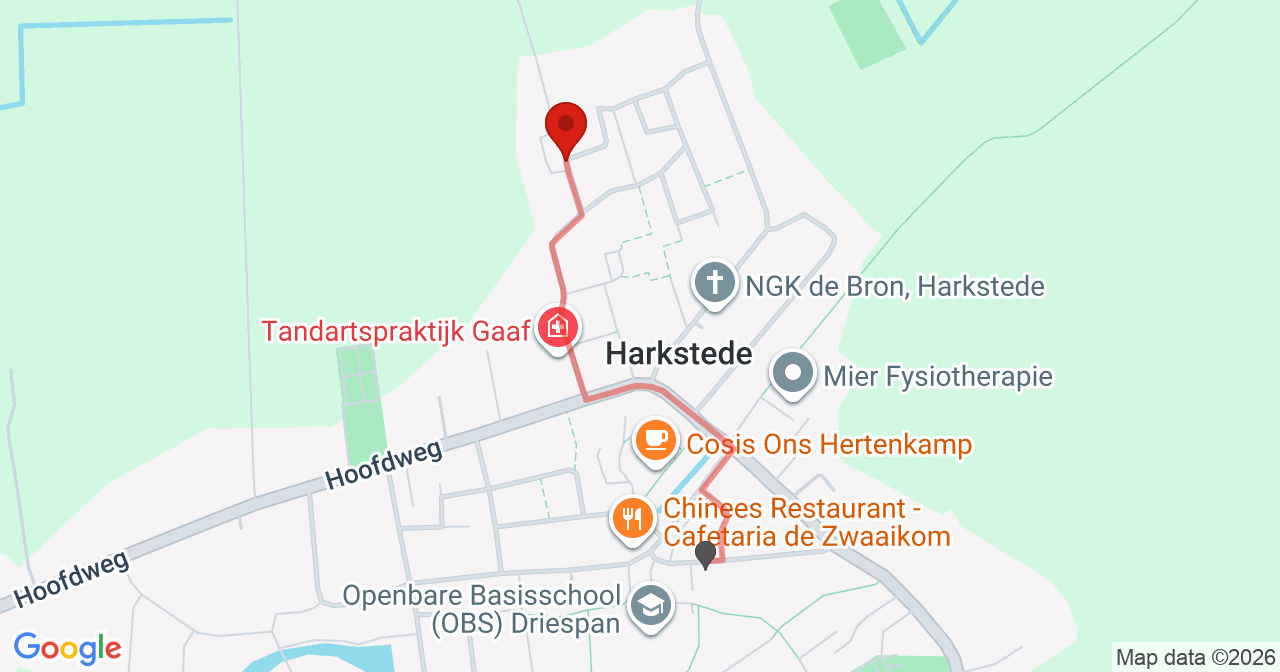Kaart van het incident in Harkstede met berekende routes vanaf gealarmeerde posten