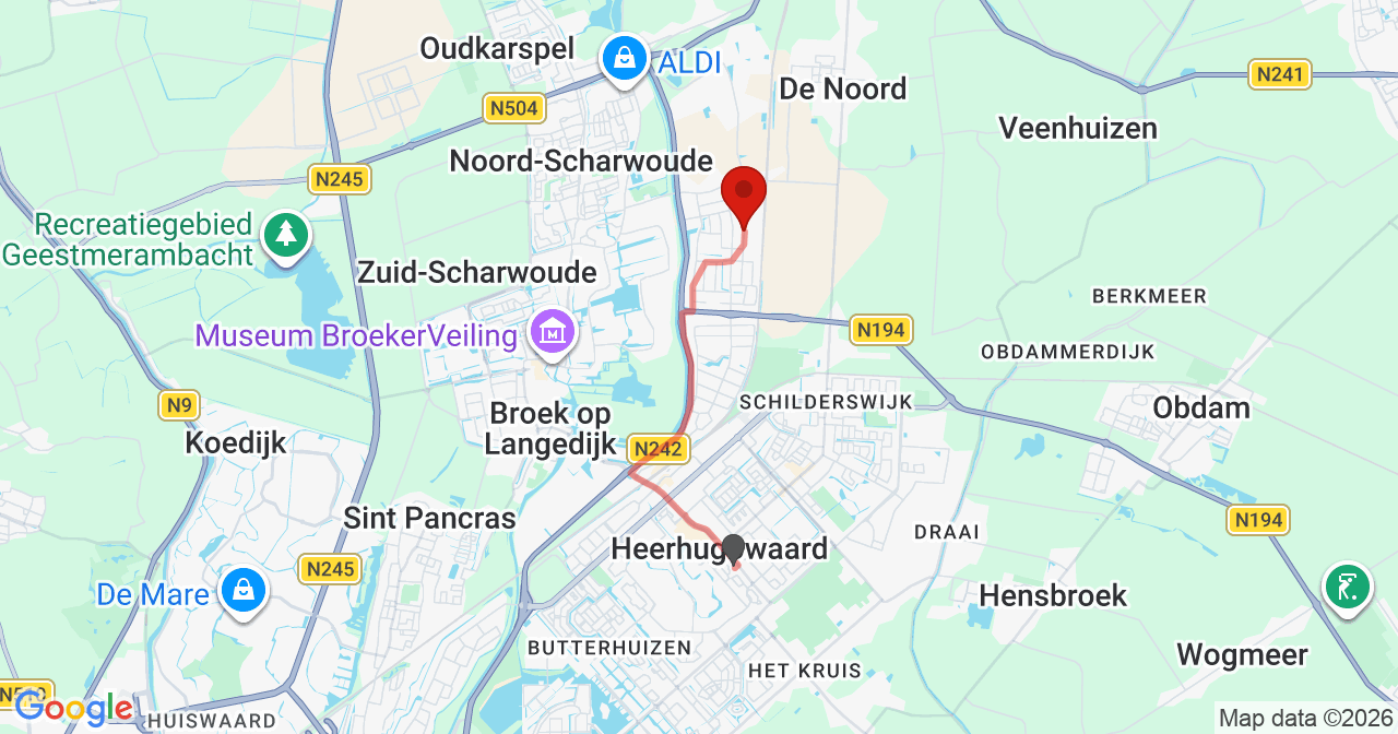 Kaart van het incident in Heerhugowaard met berekende routes vanaf gealarmeerde posten