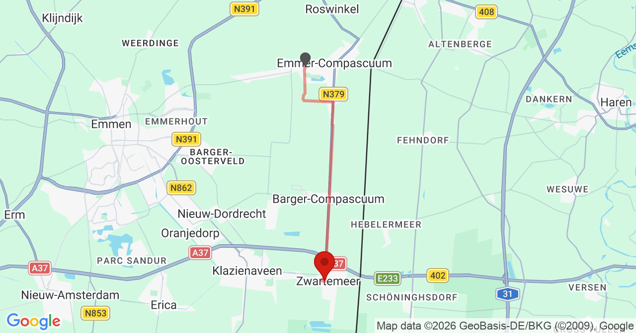Kaart van het incident in Zwartemeer met berekende routes vanaf gealarmeerde posten