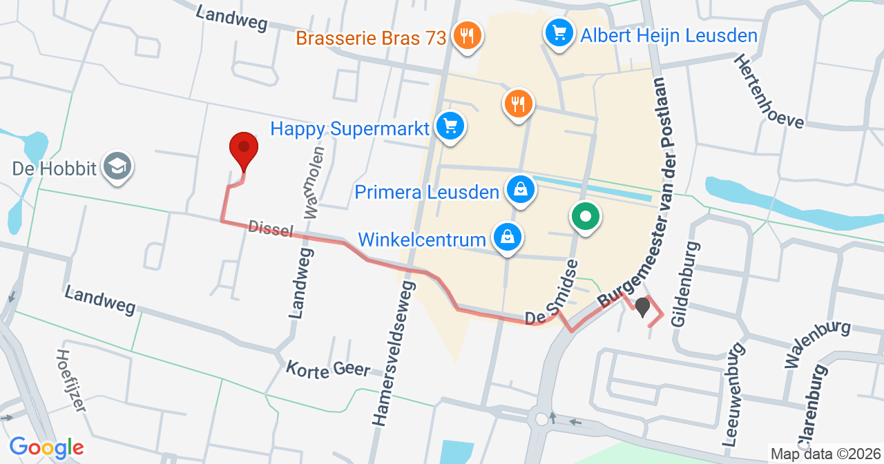 Kaart van het incident in Leusden met berekende routes vanaf gealarmeerde posten