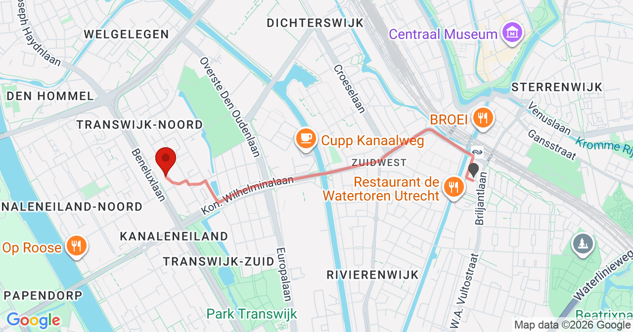 Kaart van het incident in Utrecht met berekende routes vanaf gealarmeerde posten
