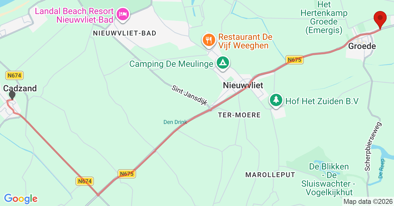 Kaart van het incident in Groede met berekende routes vanaf gealarmeerde posten