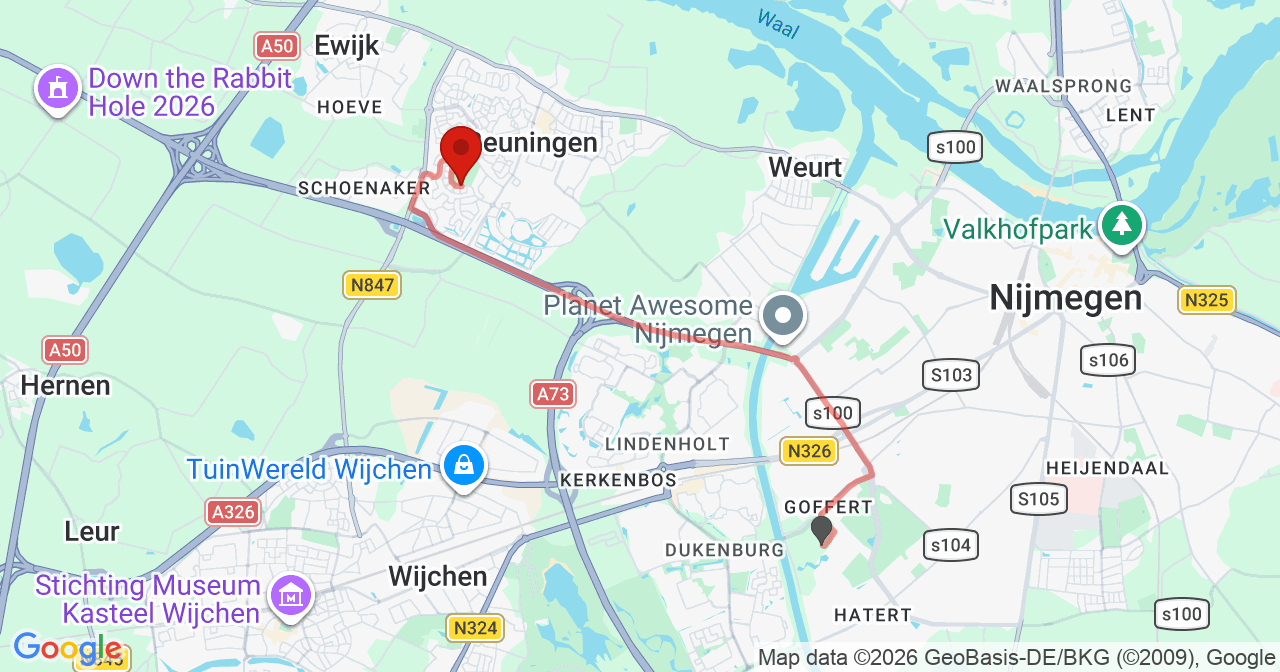 Kaart van het incident in Beuningen Gld met de aanrijroutes van de gealarmeerde eenheden