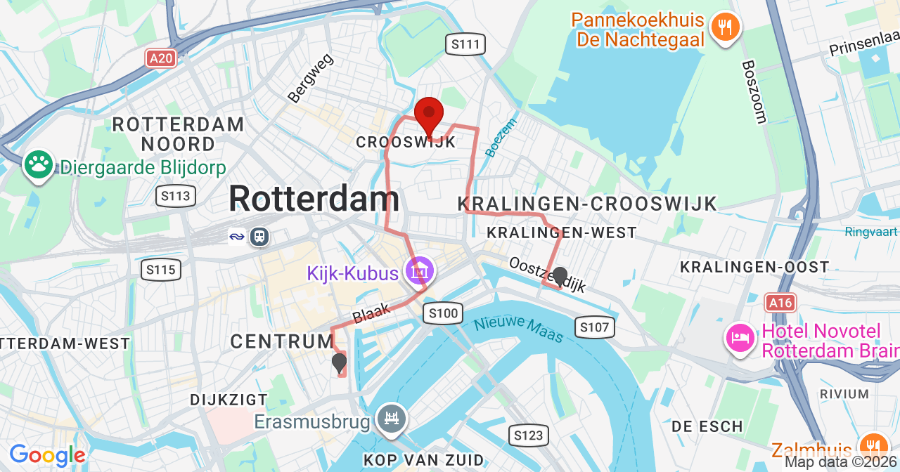 Kaart van het incident in Rotterdam met berekende routes vanaf gealarmeerde posten