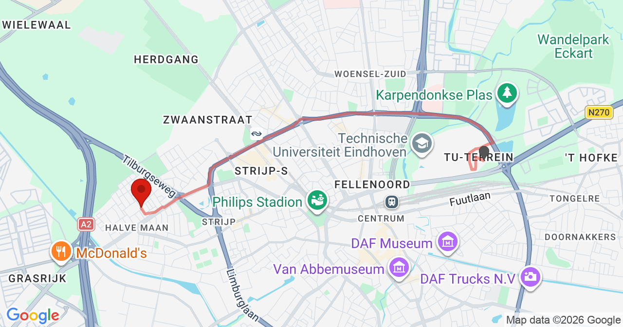 Kaart van het incident in Eindhoven met berekende routes vanaf gealarmeerde posten