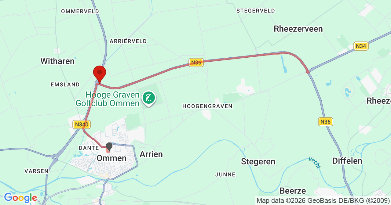 Kaart van het incident in Ommen met berekende routes vanaf gealarmeerde posten