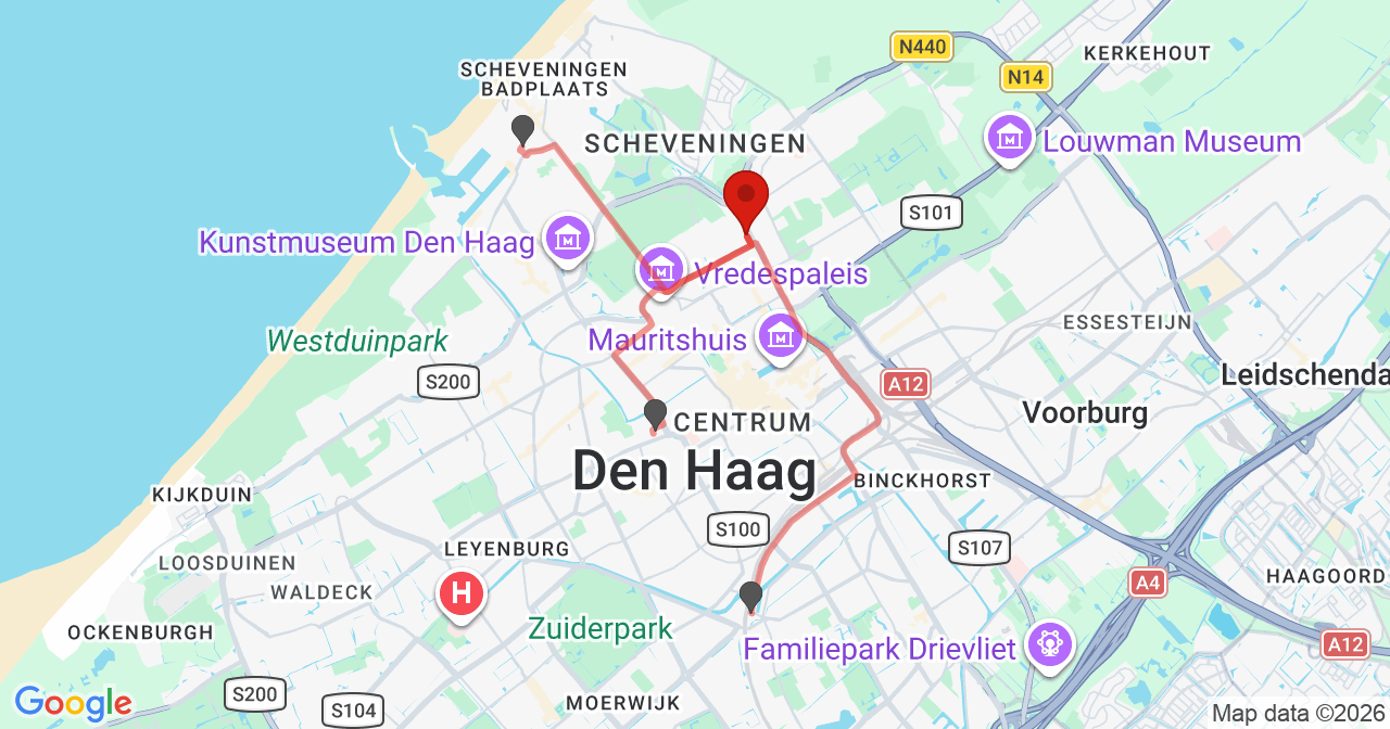 Kaart van het incident in 's-Gravenhage met de aanrijroutes van de gealarmeerde eenheden