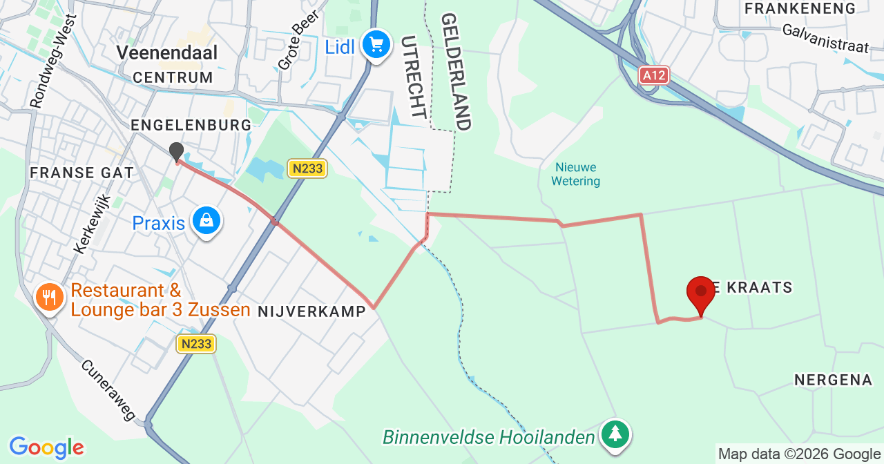 Kaart van het incident in Bennekom met berekende routes vanaf gealarmeerde posten