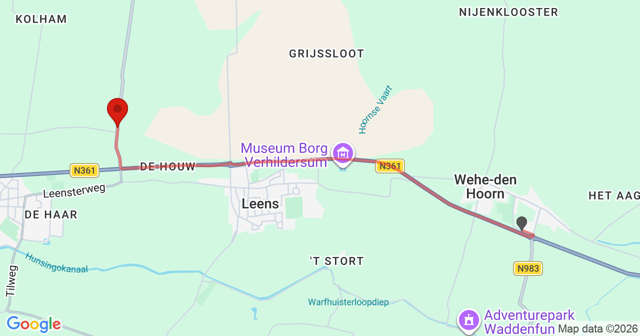 Kaart van het incident in Ulrum met berekende routes vanaf gealarmeerde posten