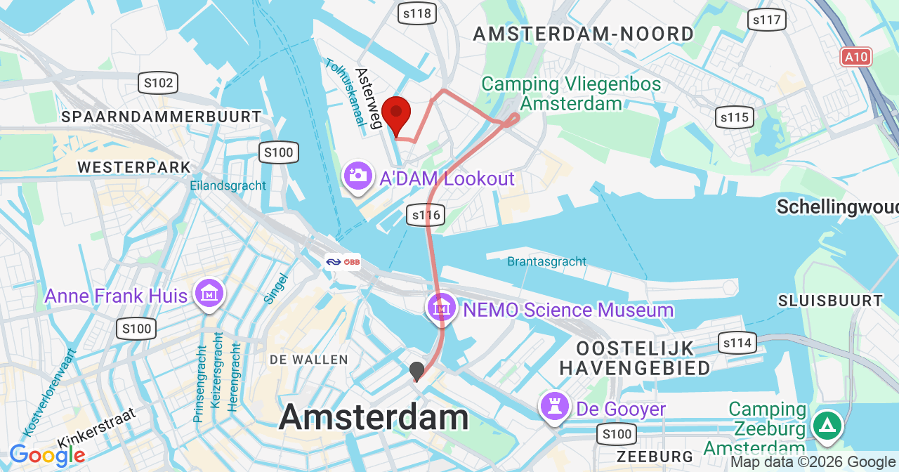 Kaart van het incident in Amsterdam met berekende routes vanaf gealarmeerde posten