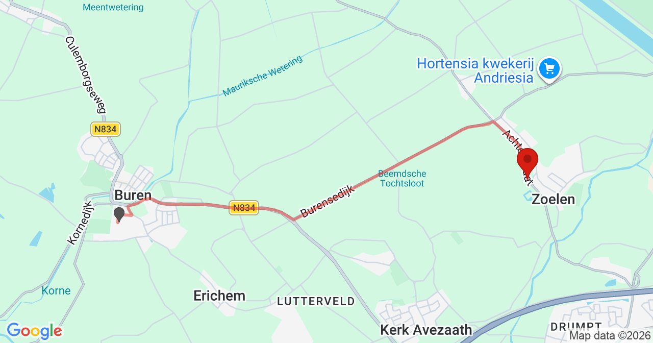 Kaart van het incident in Zoelen met berekende routes vanaf gealarmeerde posten