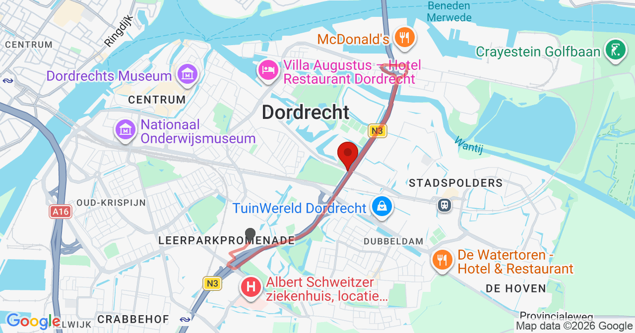 Kaart van het incident in Dordrecht met berekende routes vanaf gealarmeerde posten