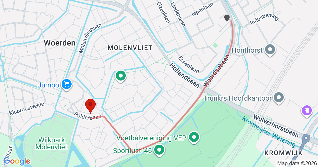 Kaart van het incident in Woerden met berekende routes vanaf gealarmeerde posten