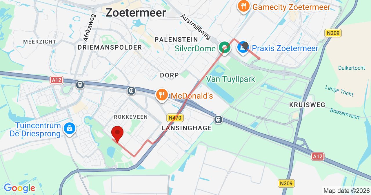 Kaart van het incident in Zoetermeer met de aanrijroutes van de gealarmeerde eenheden