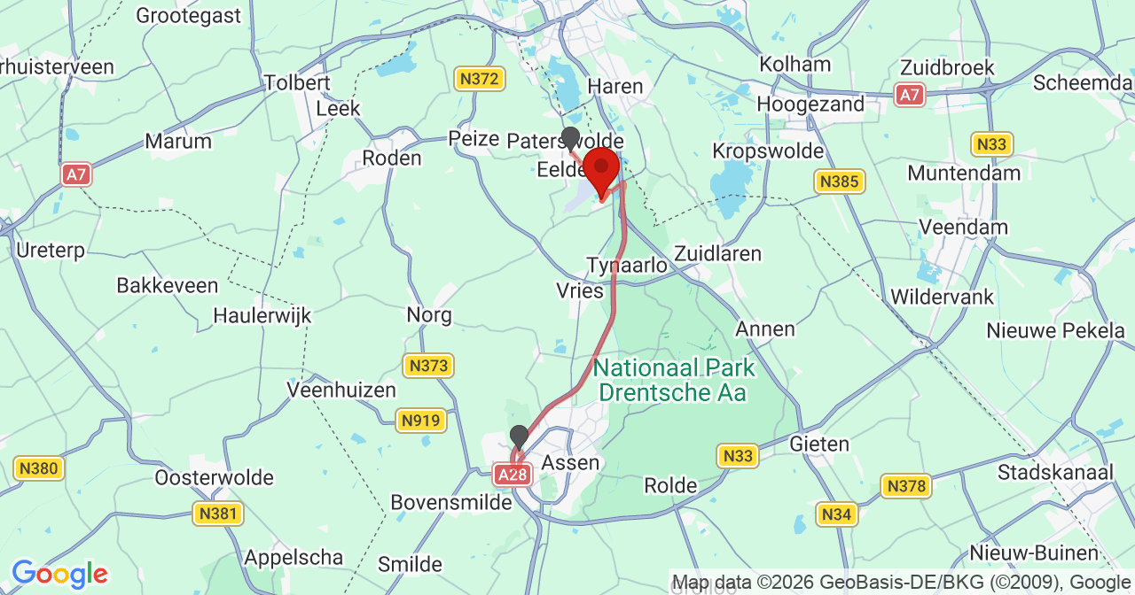 Kaart van het incident in Yde met berekende routes vanaf gealarmeerde posten
