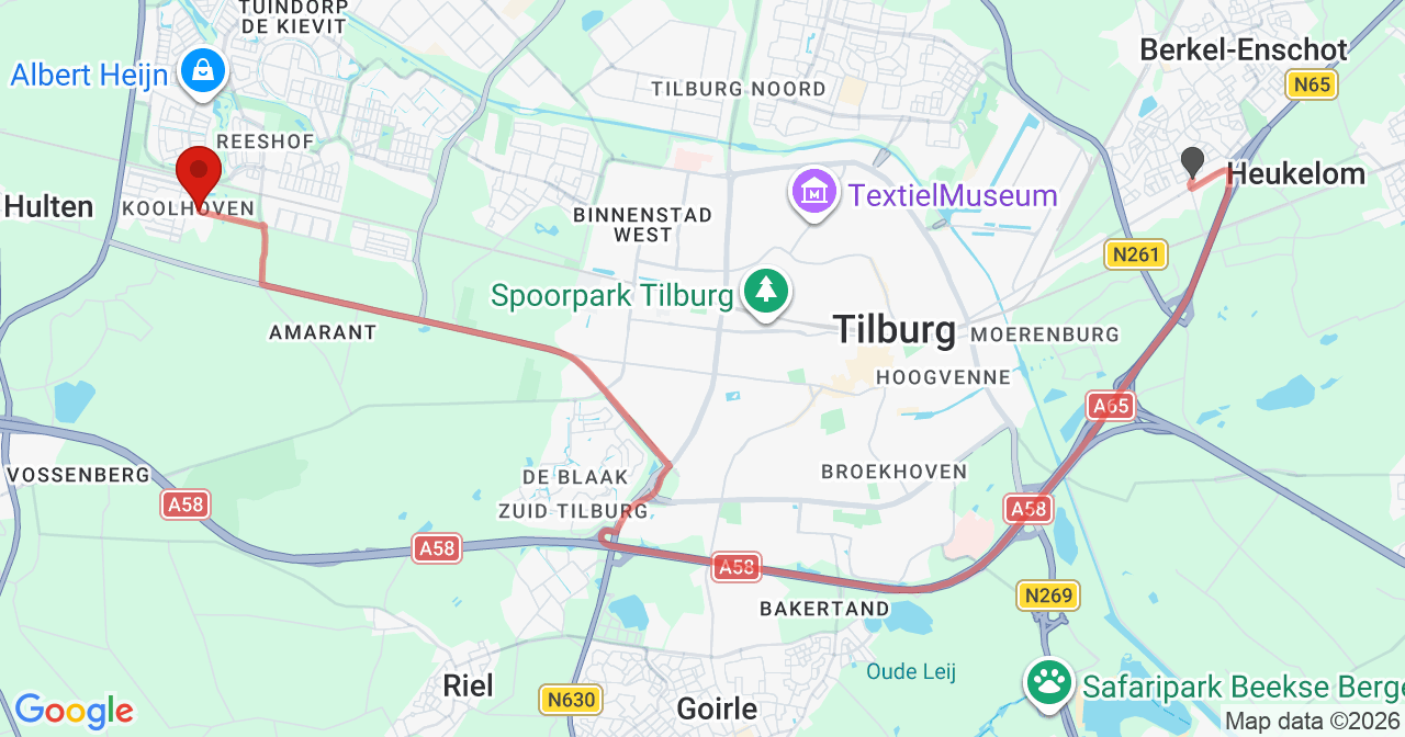 Kaart van het incident in Tilburg met berekende routes vanaf gealarmeerde posten