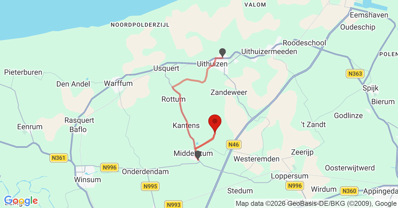 Kaart van het incident in Middelstum met de aanrijroutes van de gealarmeerde eenheden