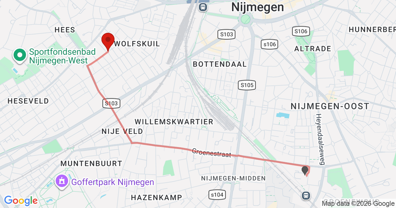 Kaart van het incident in Nijmegen met berekende routes vanaf gealarmeerde posten