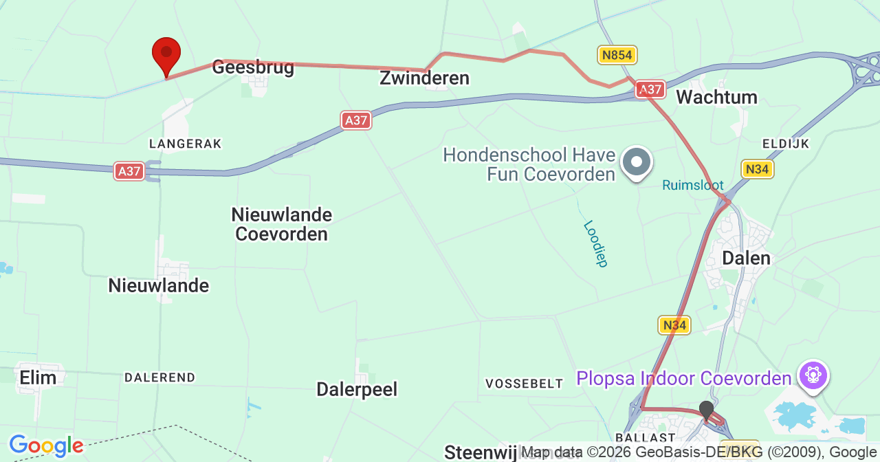 Kaart van het incident in Geesbrug met berekende routes vanaf gealarmeerde posten