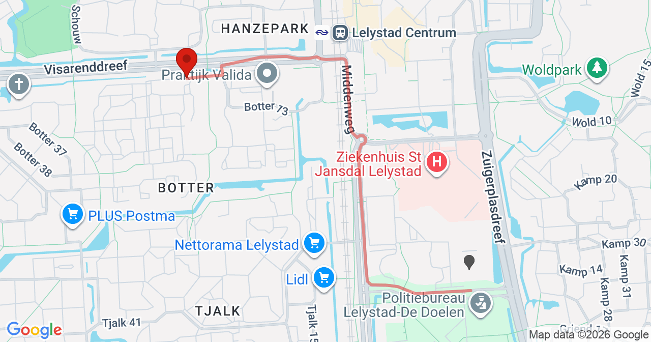 Kaart van het incident in Lelystad met berekende routes vanaf gealarmeerde posten
