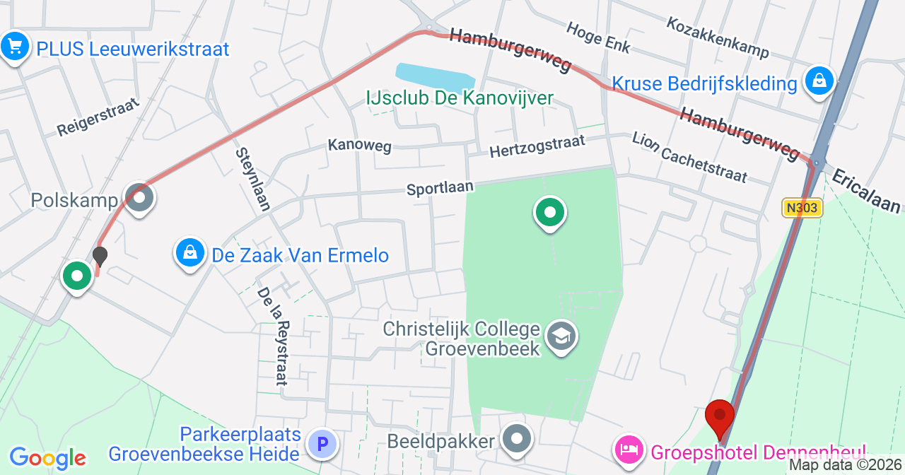 Kaart van het incident in Ermelo met berekende routes vanaf gealarmeerde posten