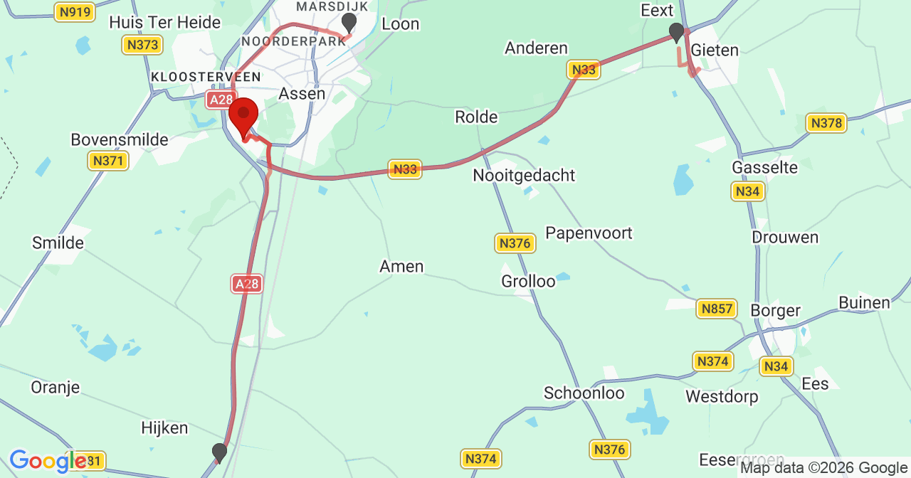 Kaart van het incident in Assen met de aanrijroutes van de gealarmeerde eenheden