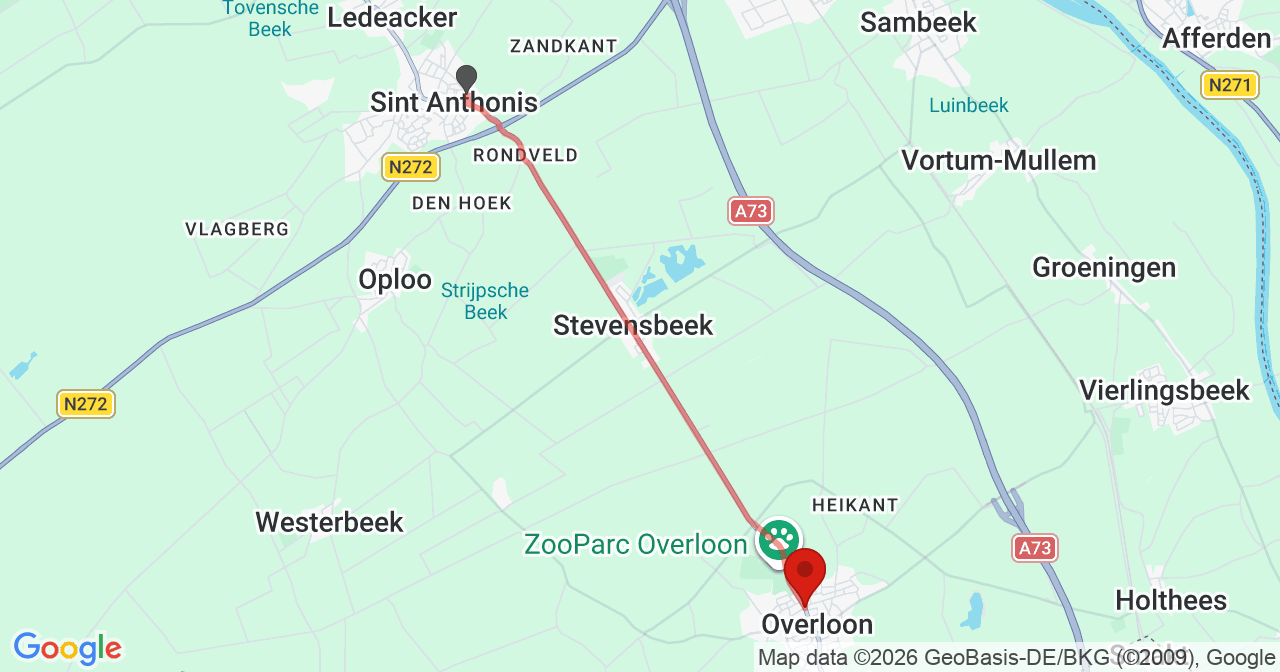 Kaart van het incident in Overloon met berekende routes vanaf gealarmeerde posten