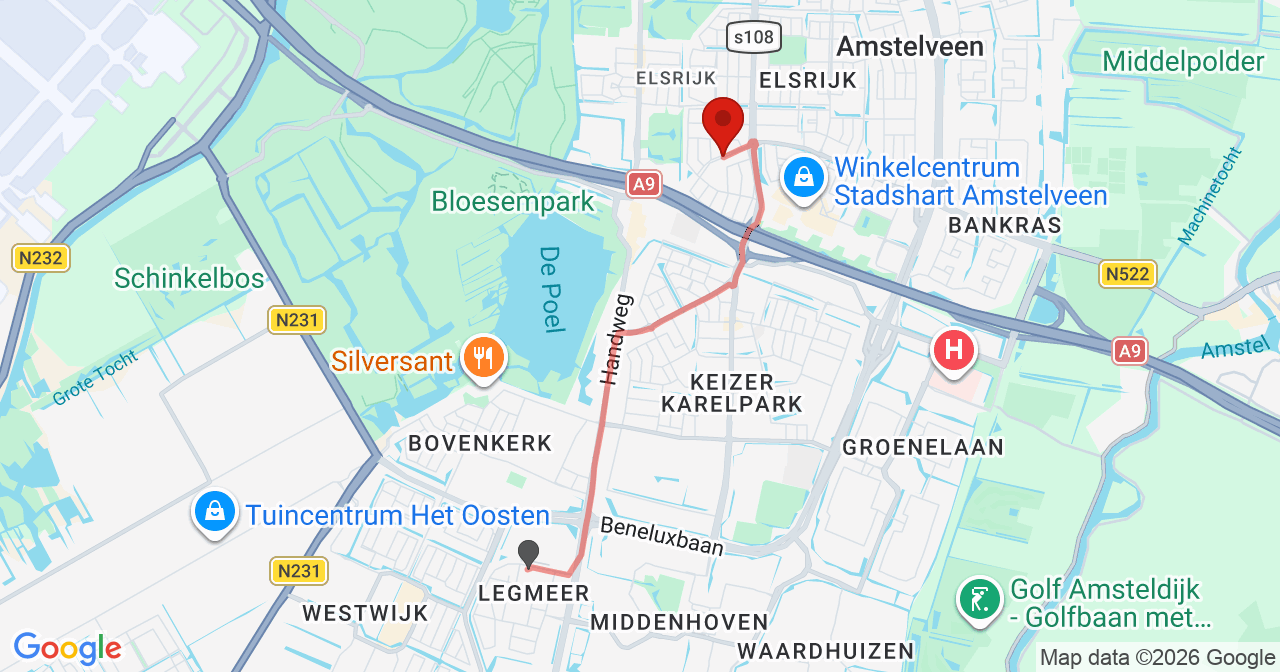 Kaart van het incident in Amstelveen met berekende routes vanaf gealarmeerde posten