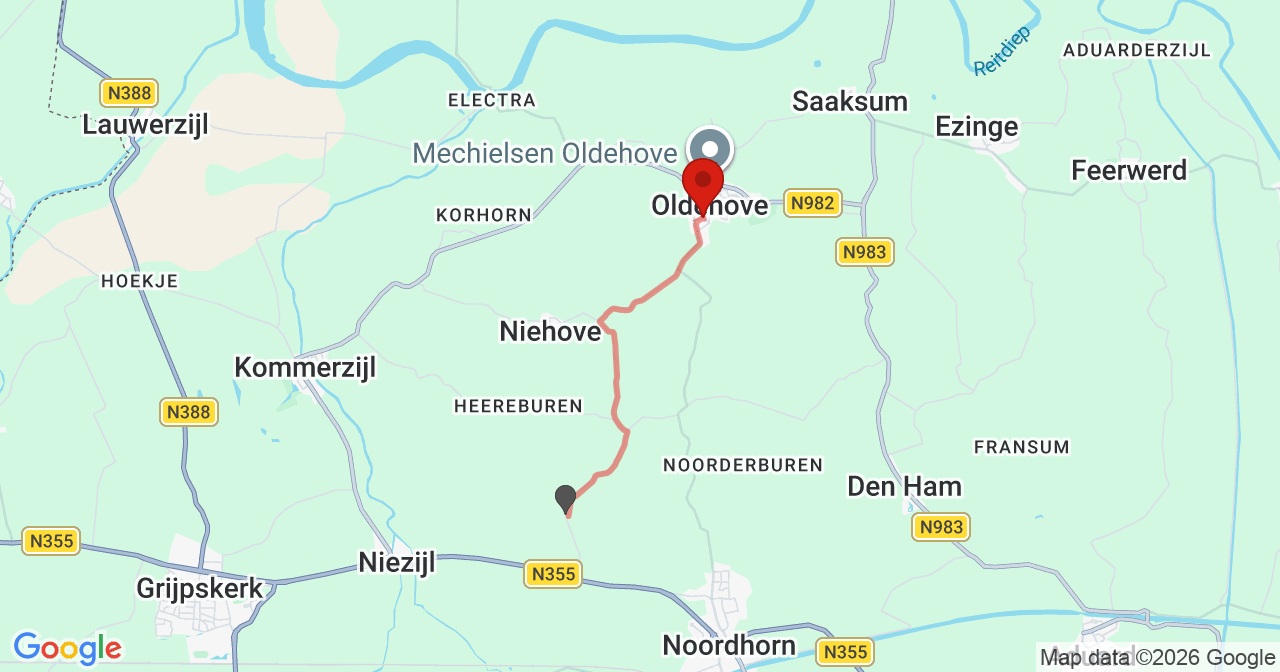 Kaart van het incident in Oldehove met de aanrijroutes van de gealarmeerde eenheden