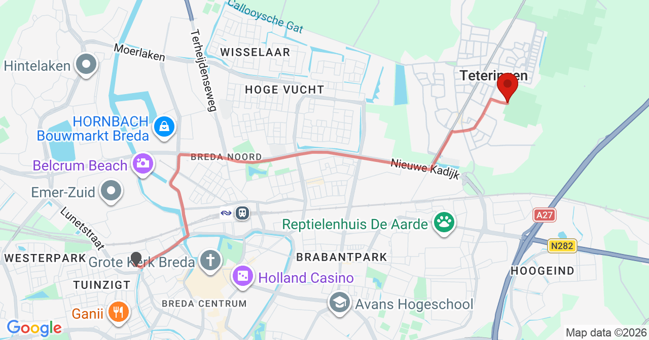 Kaart van het incident in Teteringen met berekende routes vanaf gealarmeerde posten