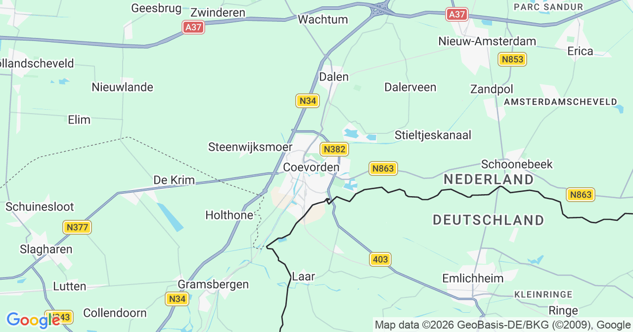 Kaart van het incident in Coevorden met berekende routes vanaf gealarmeerde posten