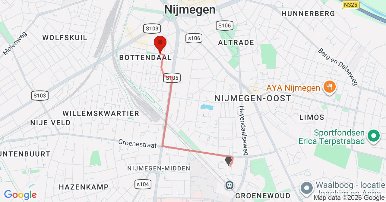 Kaart van het incident in Nijmegen met berekende routes vanaf gealarmeerde posten