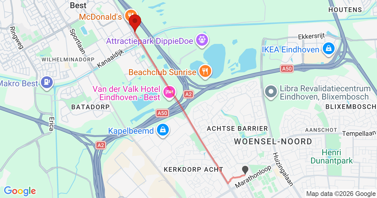 Kaart van het incident in Best met berekende routes vanaf gealarmeerde posten