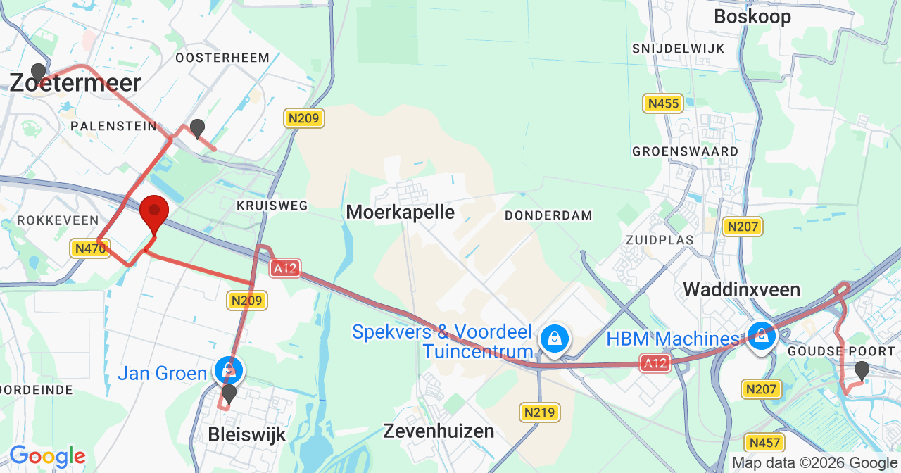 Kaart van het incident in Bleiswijk met berekende routes vanaf gealarmeerde posten