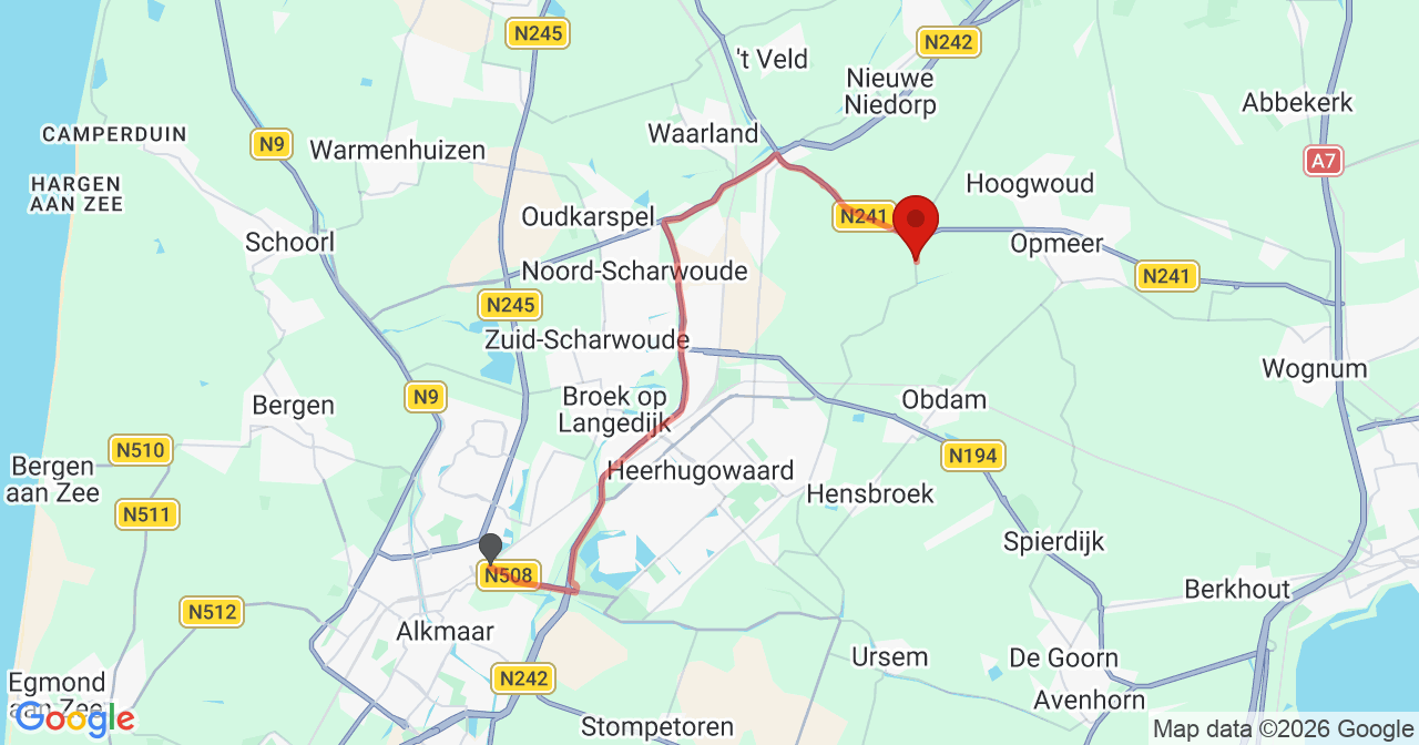 Kaart van het incident in Heerhugowaard met de aanrijroutes van de gealarmeerde eenheden