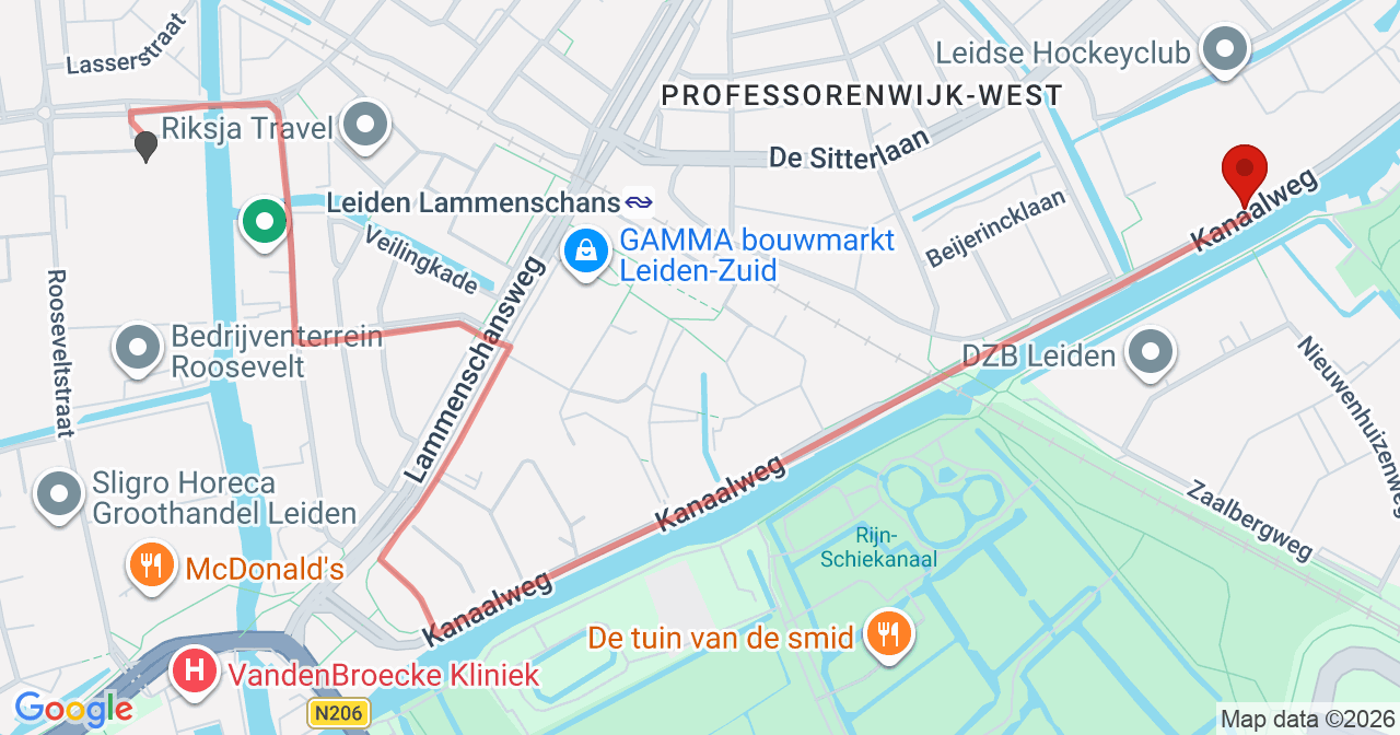 Kaart van het incident in Leiden met berekende routes vanaf gealarmeerde posten