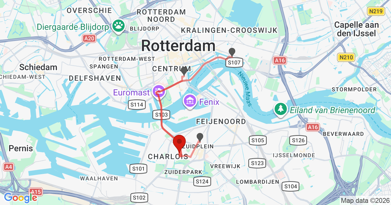 Kaart van het incident in Rotterdam met berekende routes vanaf gealarmeerde posten