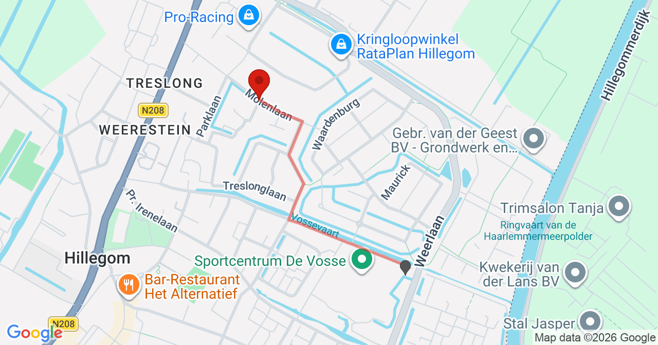 Kaart van het incident in Hillegom met berekende routes vanaf gealarmeerde posten